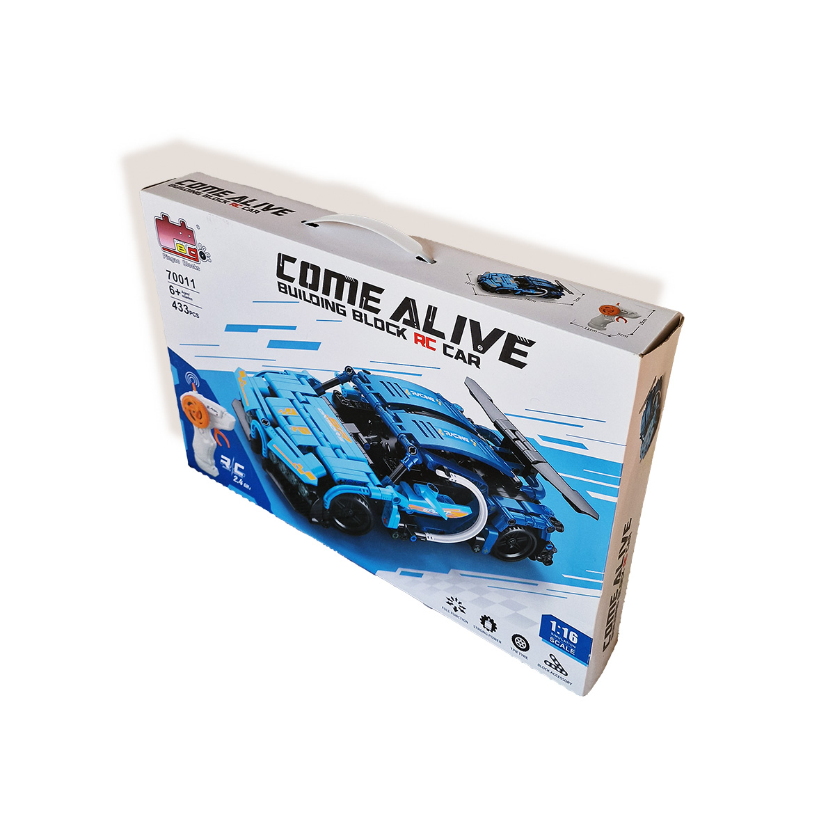 Mėlyno automobilio konstruktorius su RC pulteliu